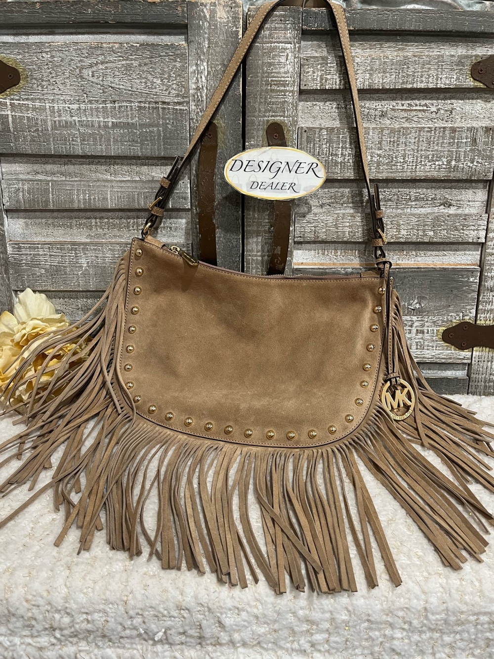 Michael Kors Genuine Suede Tan Leather Fringe Studded Hobo EUC!